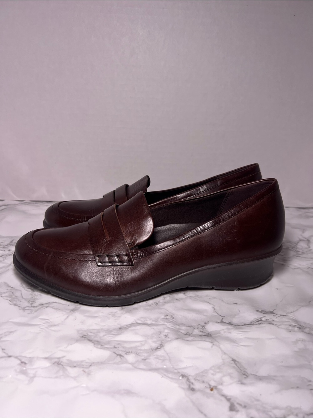 Ecco Felicia Brown Leather Slip On Penny Loafer Shoes Size 8-8.5